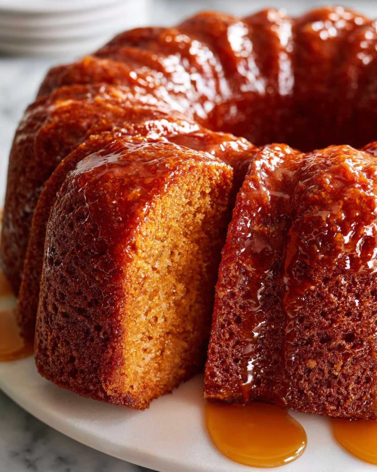 Close-up of a slice removed from a moist Bacardi Rum Cake, dripping with a rich, amber glaze.