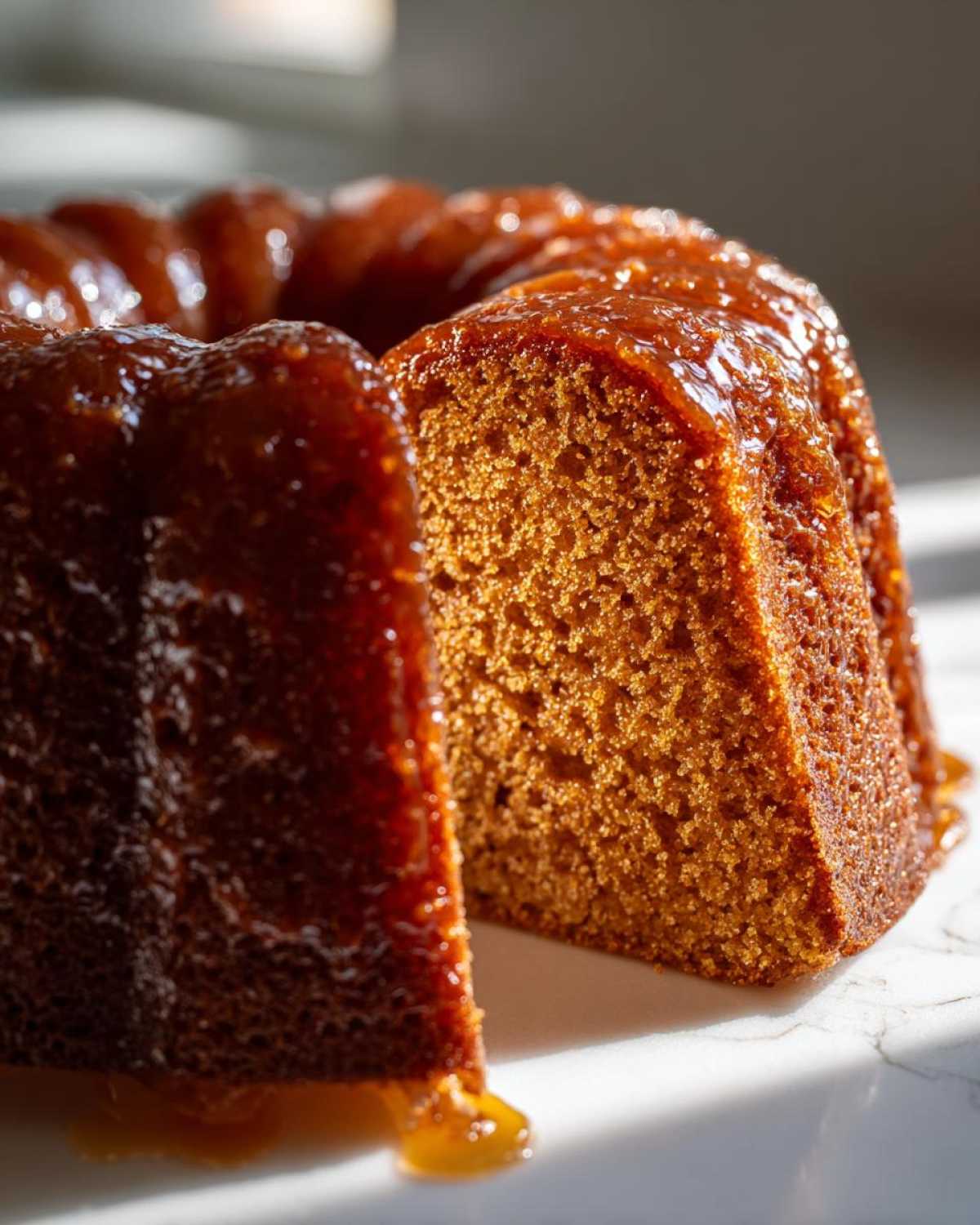 Close-up of a moist, golden-brown Bacardi Rum Cake with a thick, shiny rum glaze dripping down the side.