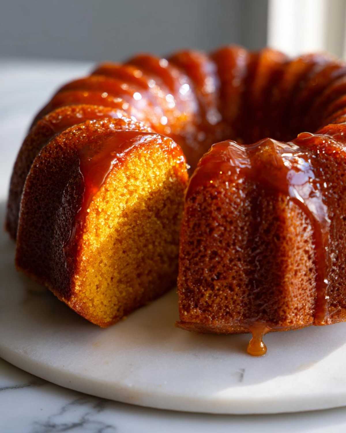 A moist, golden Bacardi rum cake in a bundt pan shape with a rich caramel glaze dripping down the sides, one slice cut out.