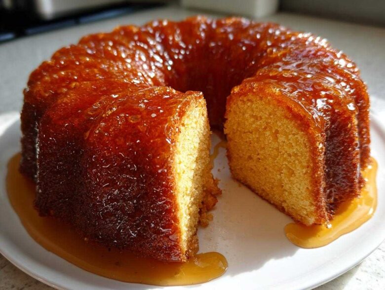 A moist Bacardi Rum Cake, glazed with a shiny caramel sauce, with one slice cut out on a white plate.