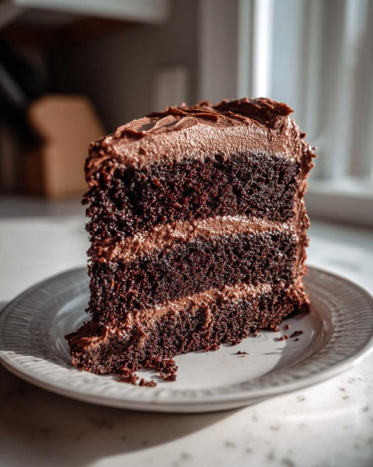A tall slice of moist chocolate cake with three layers and rich chocolate frosting, sitting on a white plate.