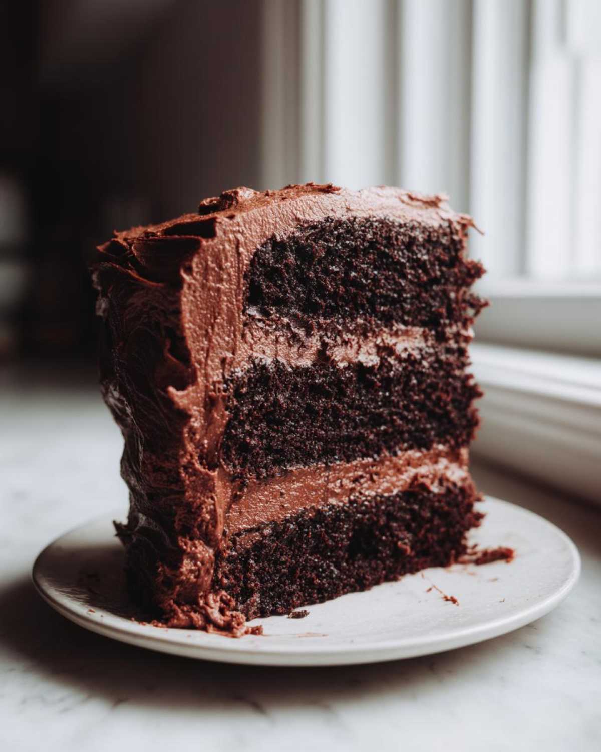 A tall, decadent slice of moist chocolate cake with thick layers of chocolate frosting.