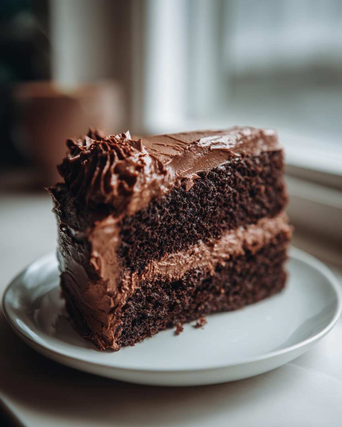 A rich, moist slice of two-layer chocolate cake generously covered in dark chocolate frosting.