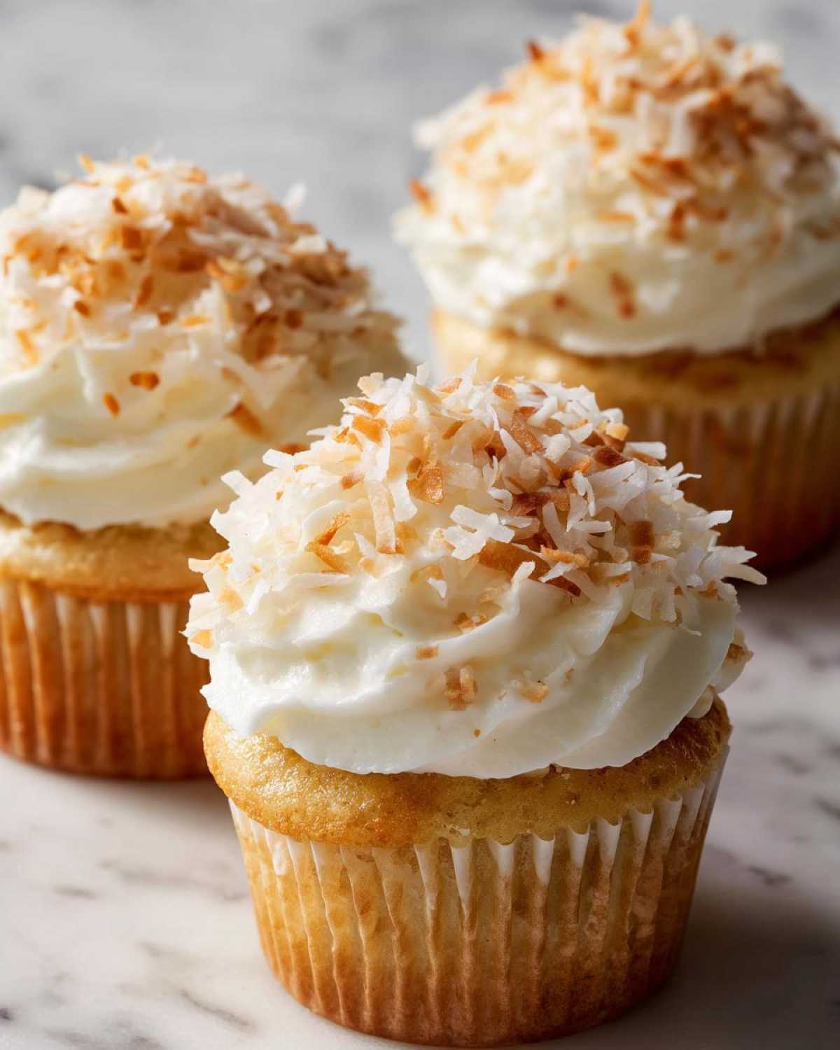 Three moist coconut cupcakes topped with white frosting and toasted coconut flakes.