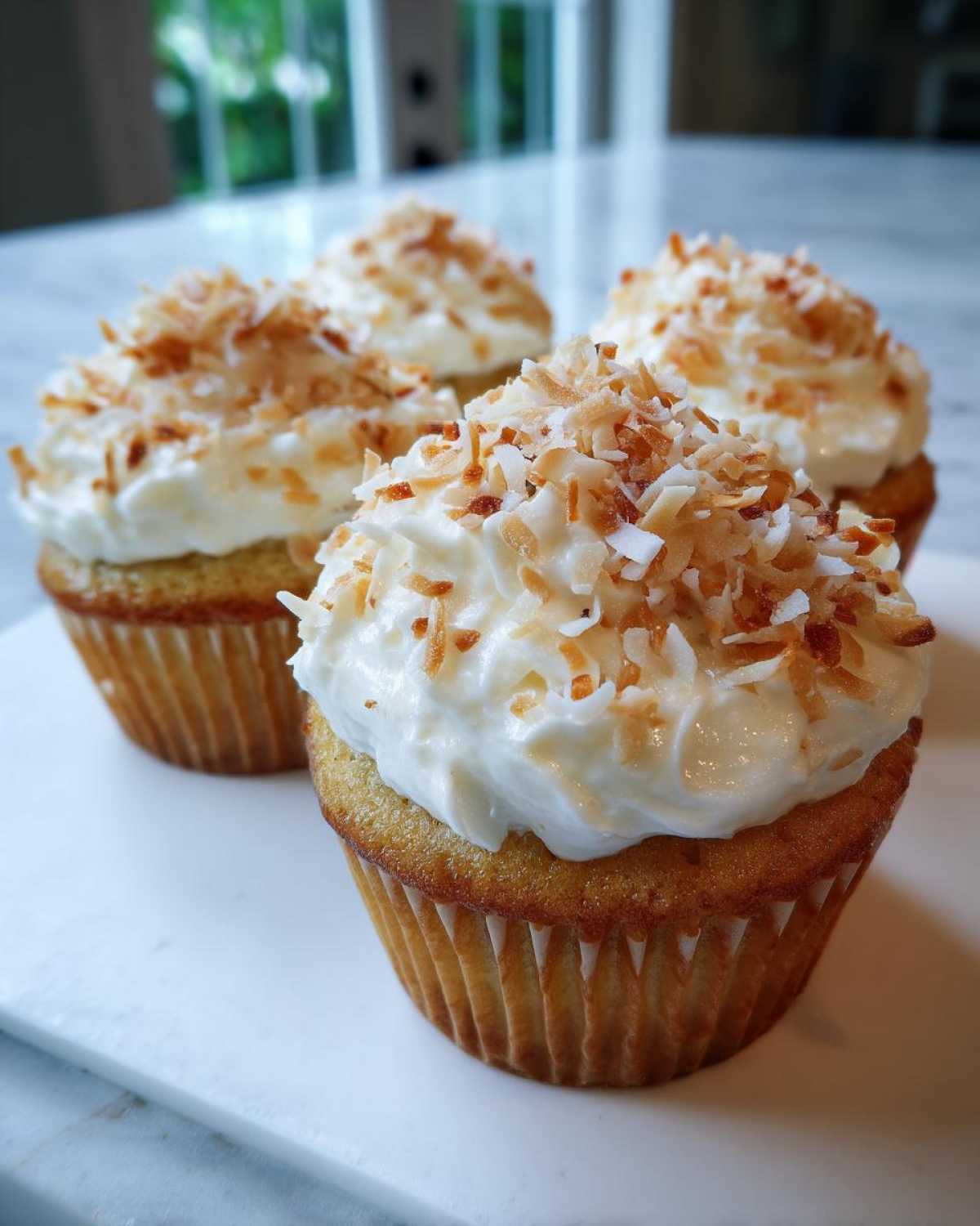 Close-up of moist coconut cupcakes topped with thick white frosting and toasted coconut flakes.
