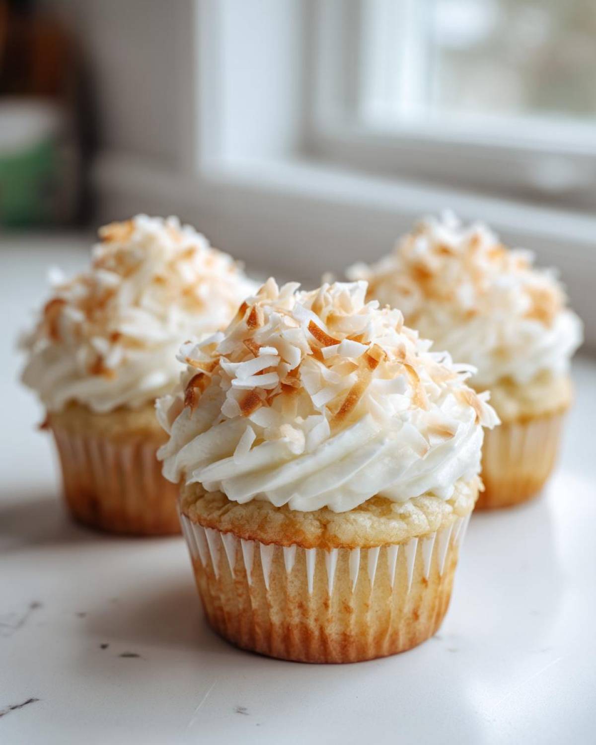 Close-up of three moist coconut cupcakes topped with white frosting and toasted coconut flakes.