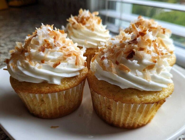 Close-up of moist coconut cupcakes topped with white frosting and toasted coconut flakes.