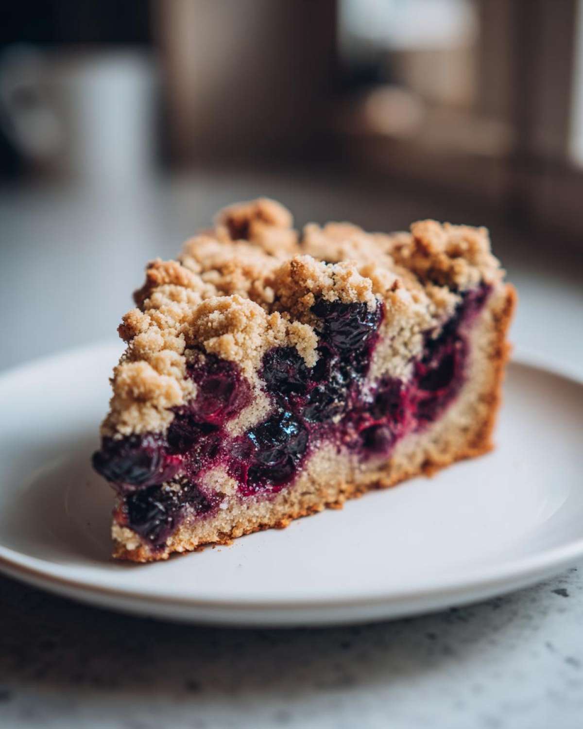 A close-up of a moist slice of cake with a thick layer of blueberries and a crumbly topping, served on a white plate.