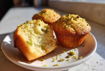 Close-up of moist pistachio muffins, one cut open to show the texture, topped with chopped pistachios.