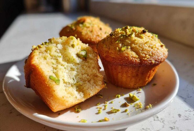 Close-up of moist pistachio muffins, one cut open to show the texture, topped with chopped pistachios.