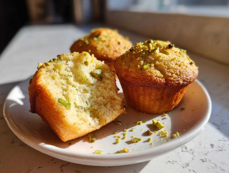 Close-up of moist pistachio muffins, one cut open to show the texture, topped with chopped pistachios.