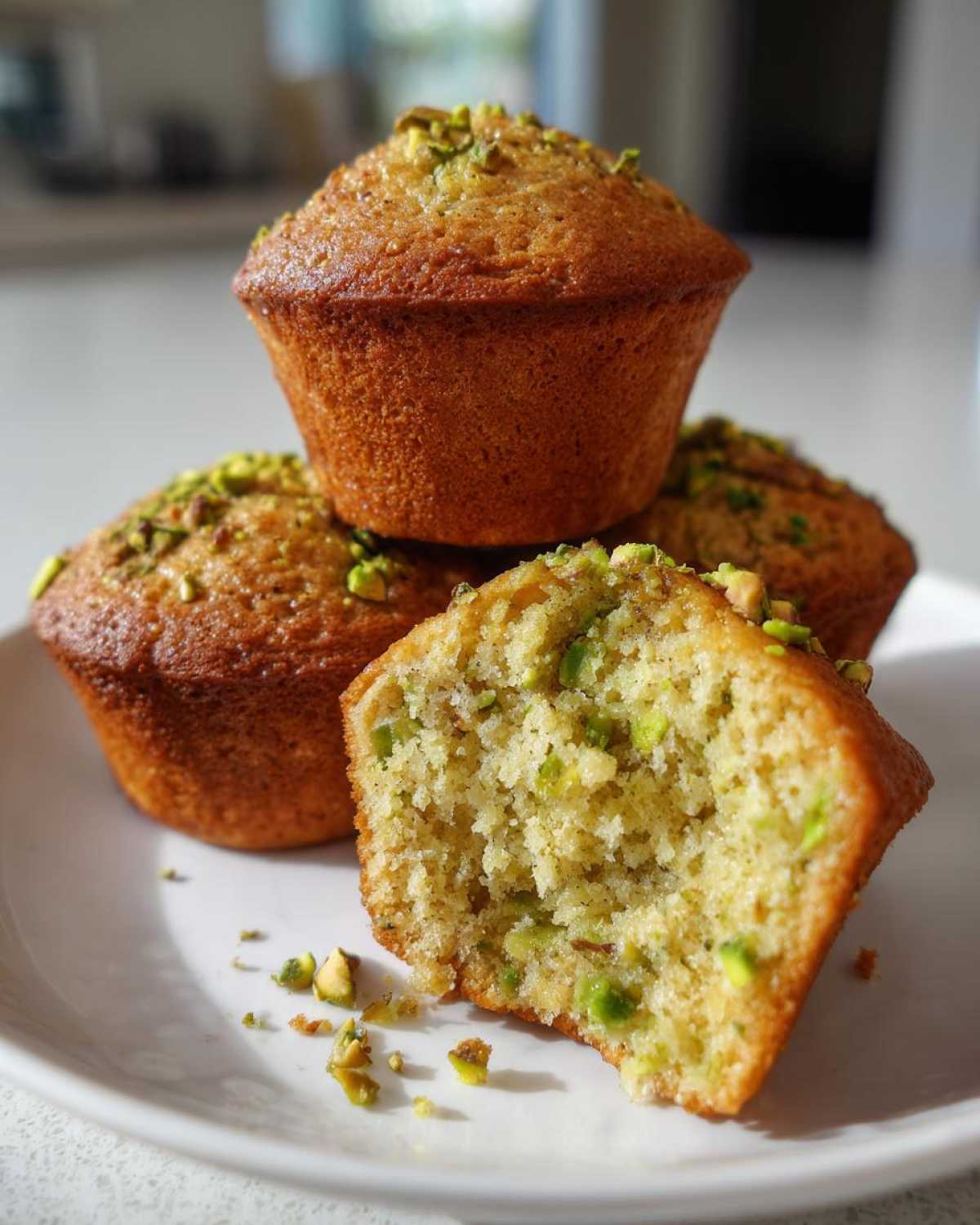 A stack of golden brown pistachio muffins, one cut in half showing the moist interior filled with green pistachio pieces.