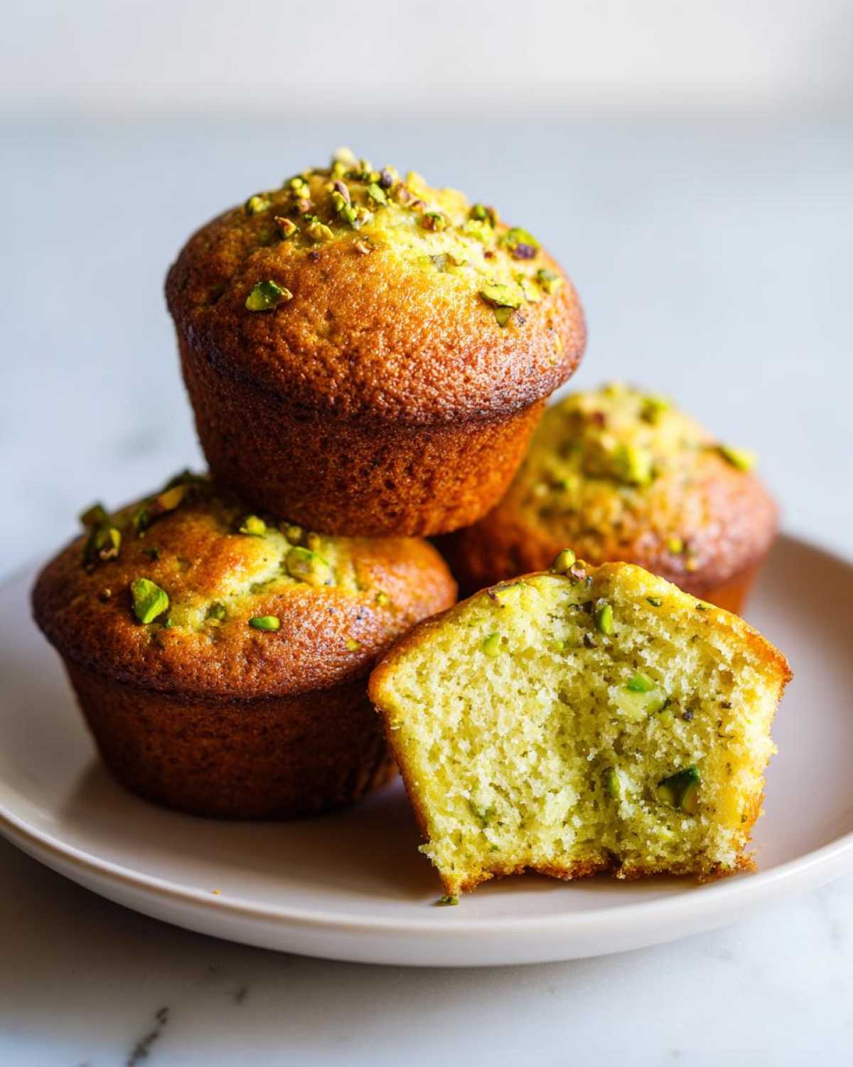 A stack of golden brown pistachio muffins, one cut in half showing the moist, green crumb inside.