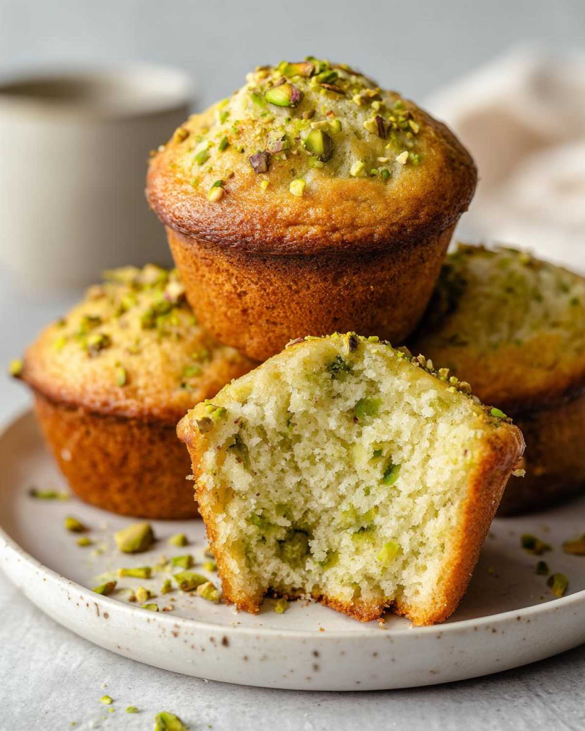 Close-up of moist pistachio muffins, one cut open to show the green pistachio pieces inside.
