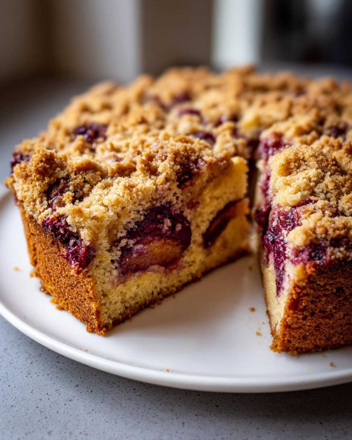 A close-up of a moist plum cake with a thick, golden crumb topping, showing a slice cut out.