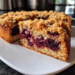 A slice cut from a moist plum cake featuring a rich, dark purple plum filling and a golden streusel crumb topping.