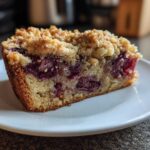 Close-up of a moist slice of plum cake featuring visible fruit pieces and a golden crumb topping on a white plate.