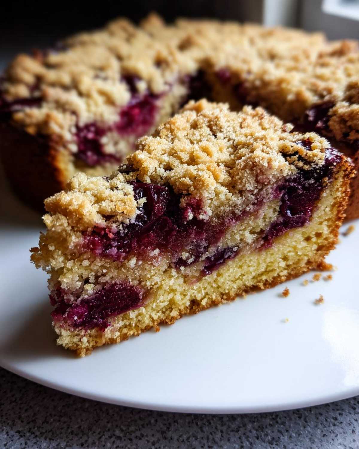 A close-up slice of moist plum cake featuring a thick layer of dark purple fruit filling and a golden streusel topping.