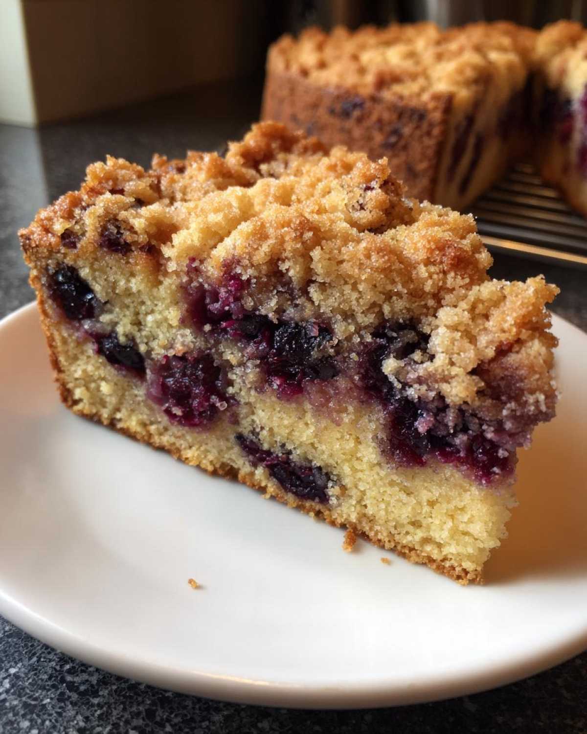 Close-up of a moist slice of crumb-topped plum cake showing rich purple fruit throughout the yellow cake base.