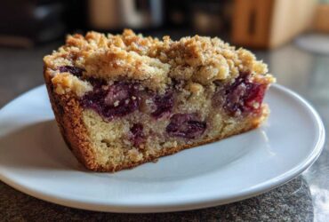 Close-up of a moist slice of plum cake featuring visible fruit pieces and a golden crumb topping on a white plate.