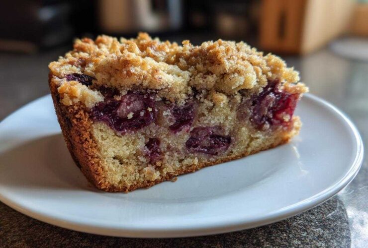 Close-up of a moist slice of plum cake featuring visible fruit pieces and a golden crumb topping on a white plate.