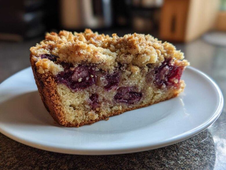 Close-up of a moist slice of plum cake featuring visible fruit pieces and a golden crumb topping on a white plate.