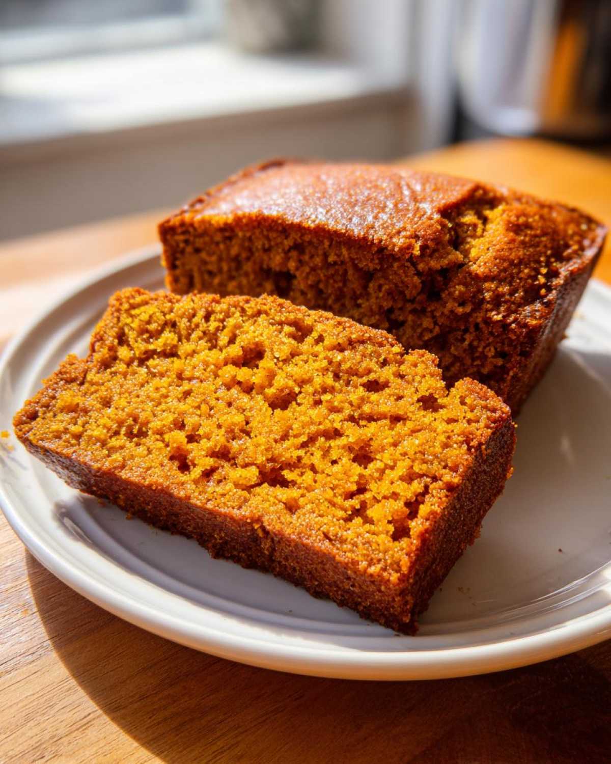 A close-up of a moist slice of homemade pumpkin bread next to the remaining loaf on a white plate.