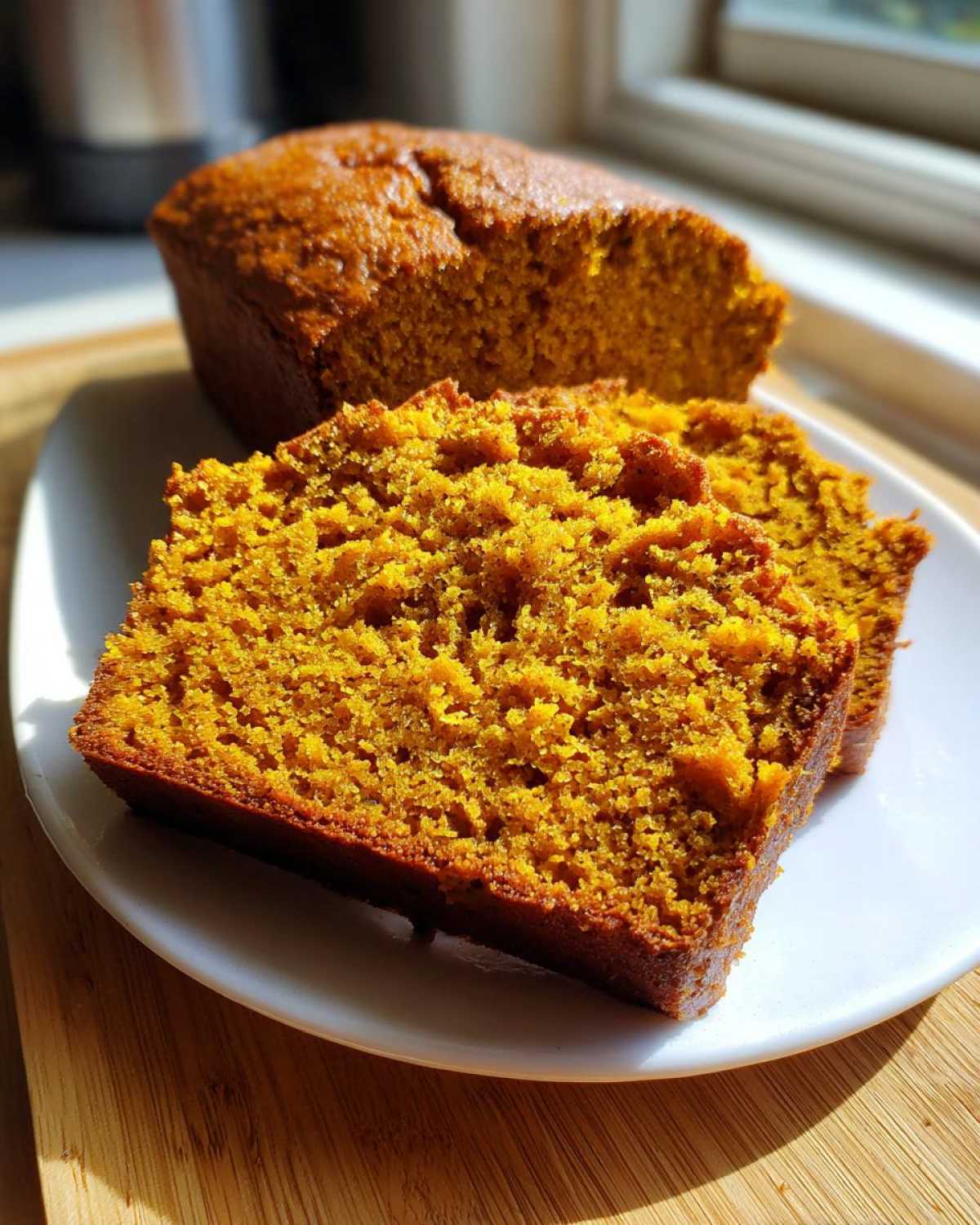 Close-up of two moist slices of vibrant orange pumpkin bread on a white plate.