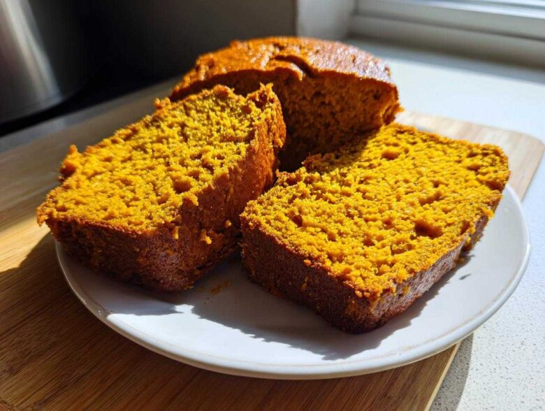 Close-up of three thick, moist slices of bright orange pumpkin bread on a white plate.