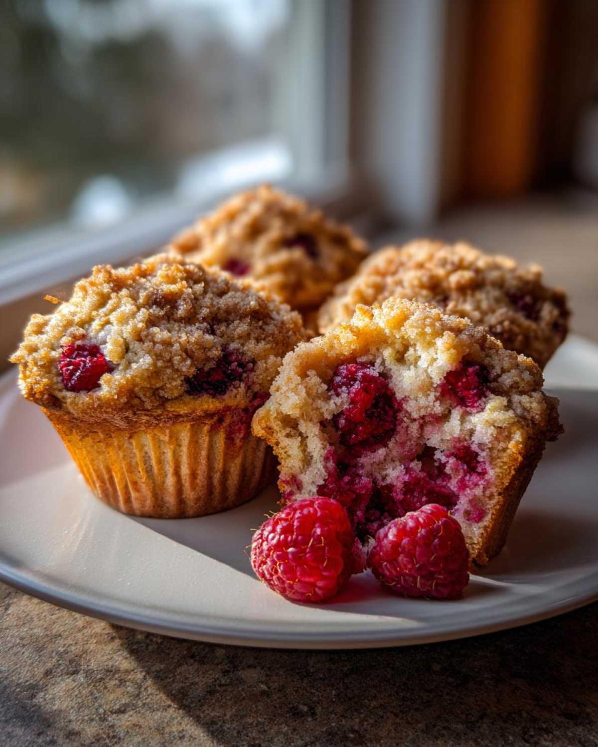 Close-up of moist raspberry muffins with a crumb topping, one muffin is cut open showing fresh raspberries inside.