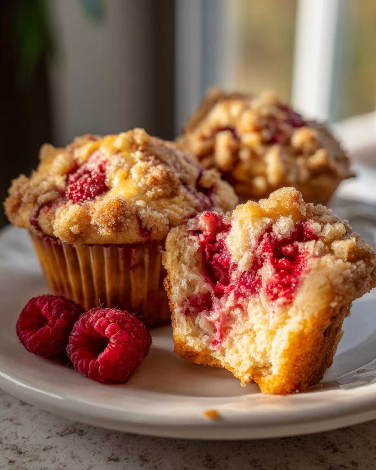 A close-up of a raspberry muffin cut in half showing the moist interior and fresh raspberries, next to two whole raspberry muffins.