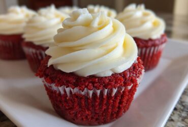 Close-up of a perfectly baked red velvet cupcake topped with a swirl of white cream cheese frosting.