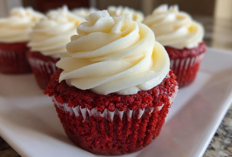 Close-up of a perfectly baked red velvet cupcake topped with a swirl of white cream cheese frosting.