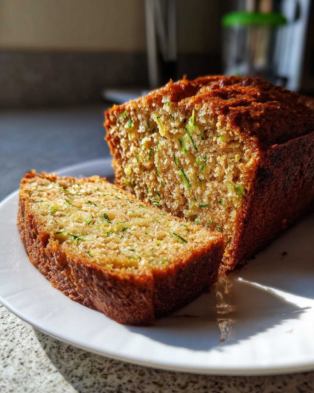 A close-up of a freshly baked zucchini banana bread loaf with one thick slice cut and resting against it on a white plate.