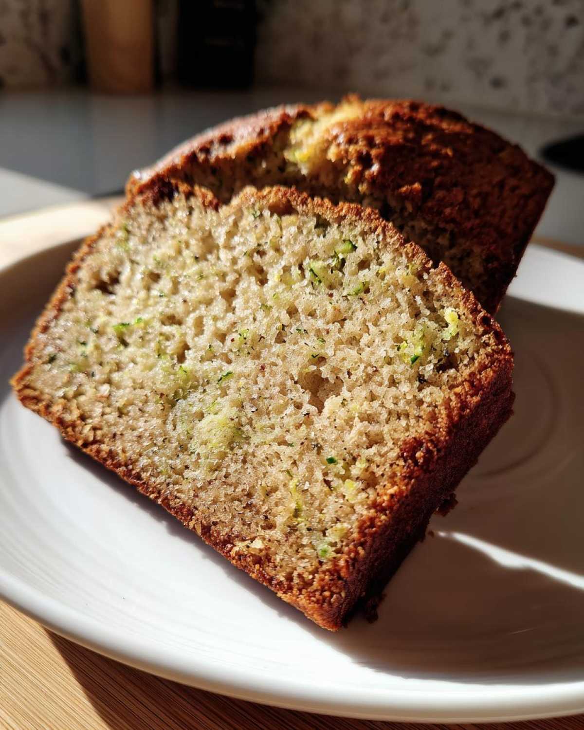Close-up of two slices of moist zucchini banana bread showing flecks of green zucchini in the crumb.