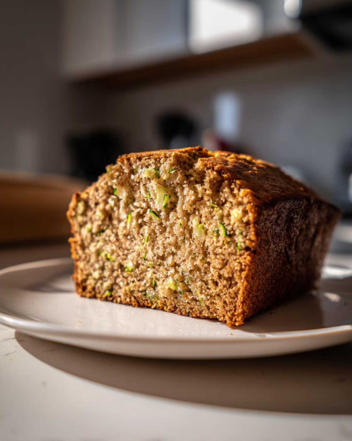 A thick, moist slice of zucchini banana bread showing flecks of green zucchini, resting on a white plate.