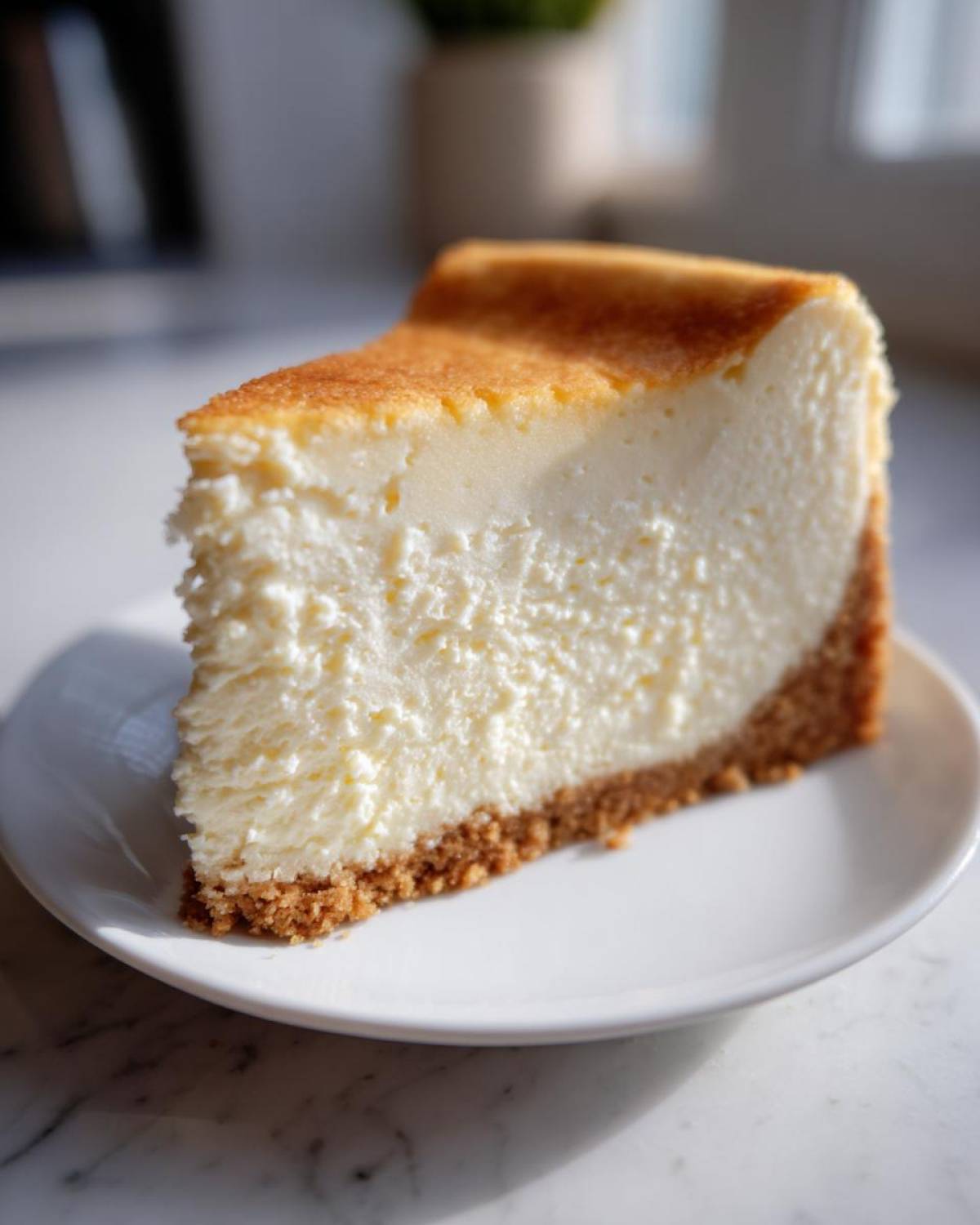 A close-up of a thick, creamy slice of new york cheesecake with a golden-brown top and graham cracker crust.