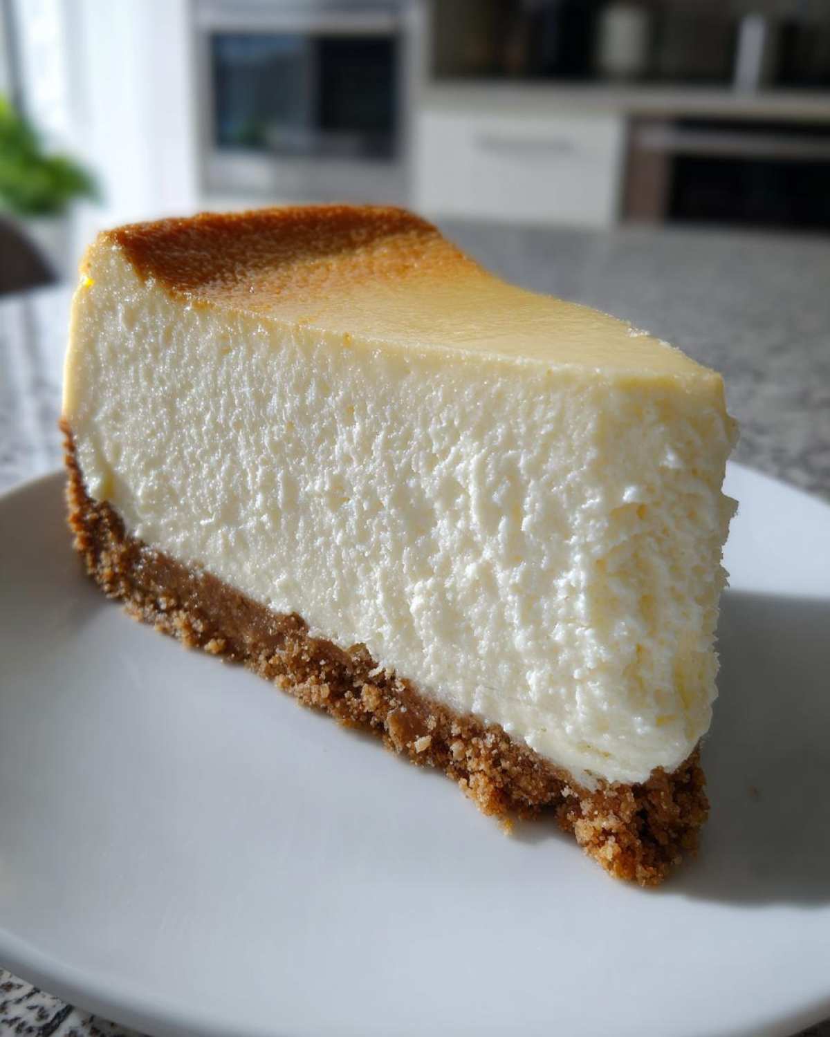 A thick, creamy slice of new york cheesecake with a golden top and graham cracker crust on a white plate.