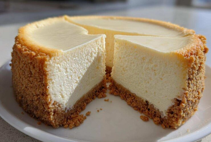 A whole, crack-free new york cheesecake with two slices cut out, showing a thick graham cracker crust.