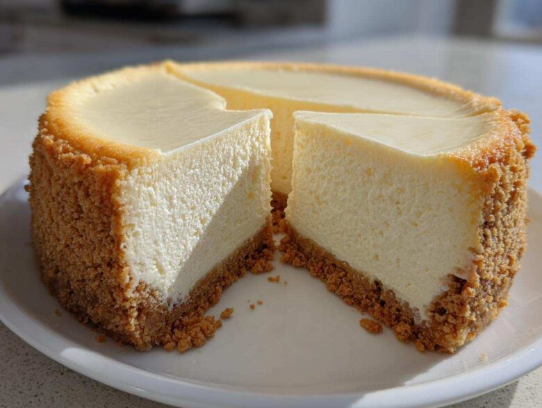 A whole, crack-free new york cheesecake with two slices cut out, showing a thick graham cracker crust.