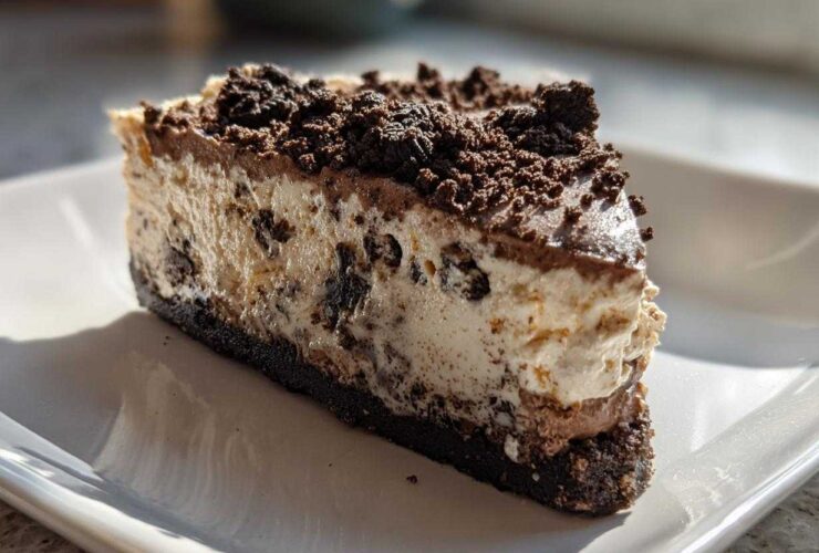 A close-up of a rich slice of no bake Oreo pie showing the creamy filling with cookie chunks and a dark chocolate crust.