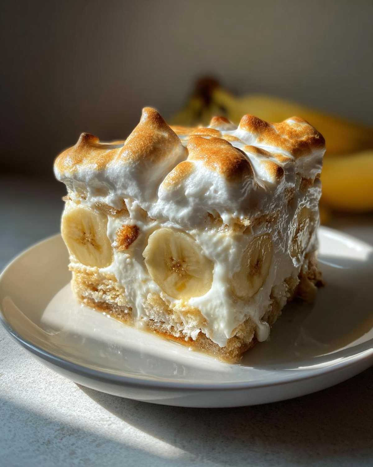 A square slice of old-fashioned banana pudding featuring layers of cream, banana slices, and toasted meringue topping.