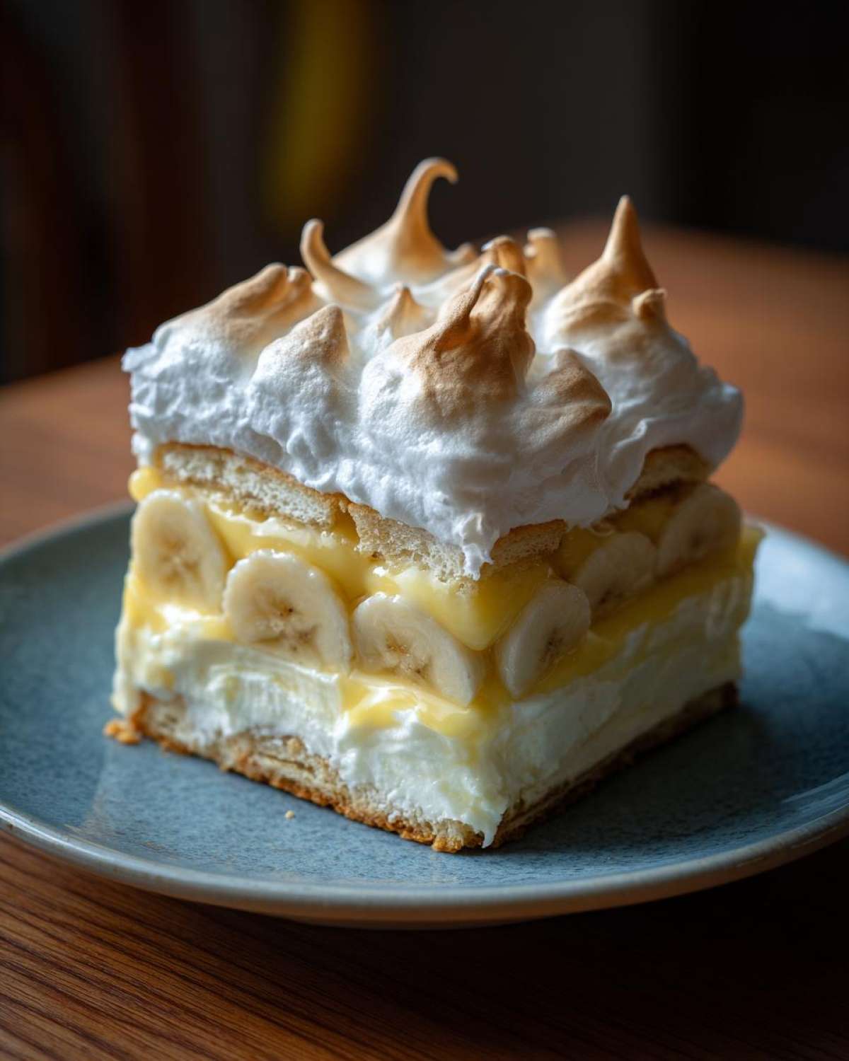 A tall slice of old-fashioned banana pudding featuring layers of wafers, cream, sliced bananas, custard, and toasted meringue topping.