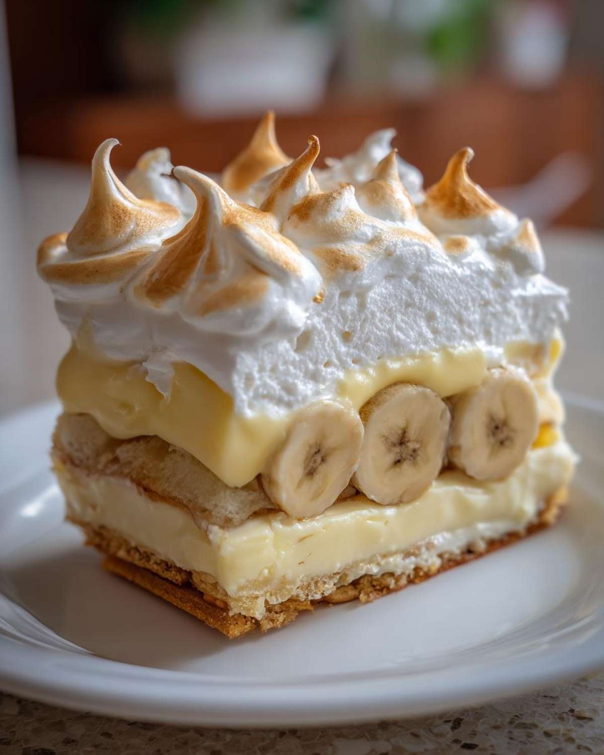A decadent slice of old-fashioned banana pudding featuring layers of vanilla wafers, creamy custard, fresh banana slices, and toasted meringue topping.