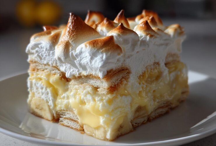 A close-up of a layered slice of old-fashioned banana pudding featuring creamy filling, wafers, bananas, and torched meringue.