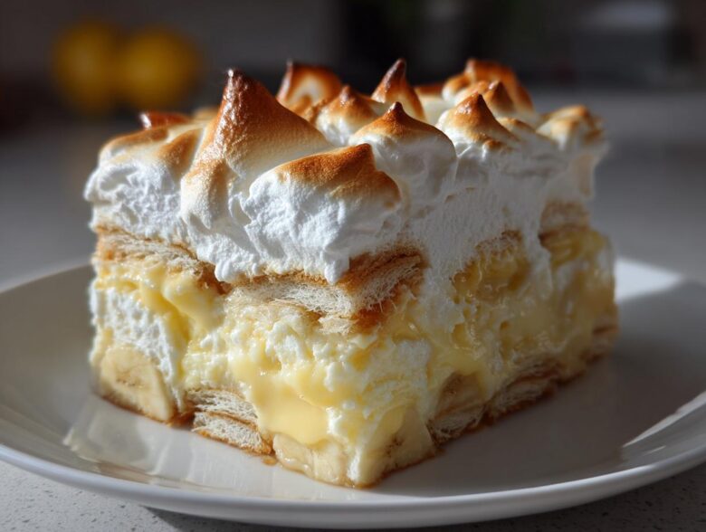 A close-up of a layered slice of old-fashioned banana pudding featuring creamy filling, wafers, bananas, and torched meringue.