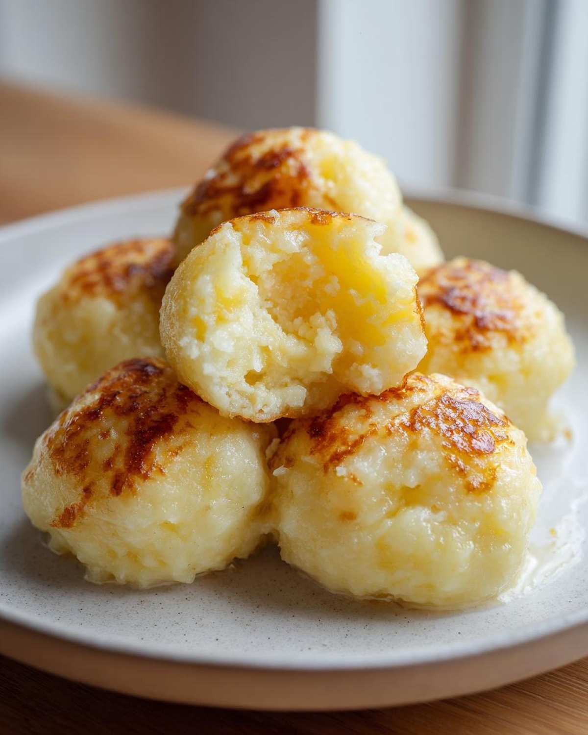 A stack of golden, pan-fried potato dumplings, one of which is broken open to show the fluffy interior.