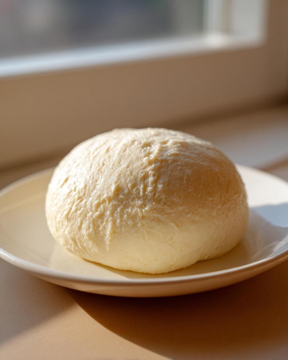 A smooth, pale yellow ball of freshly made fufu resting on a light-colored plate near a window.