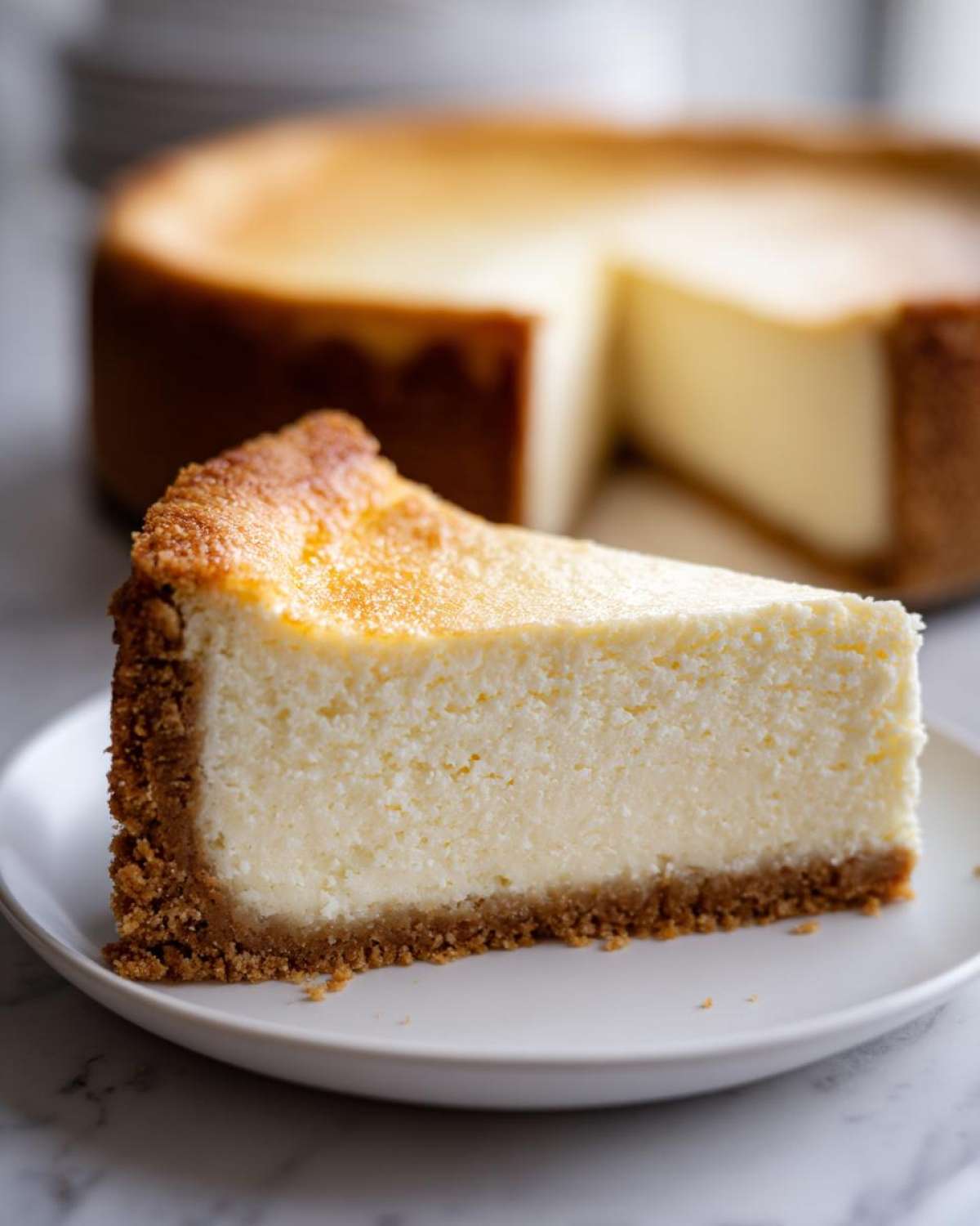 A perfect, crack-free slice of creamy new york cheesecake with a thick graham cracker crust on a white plate.