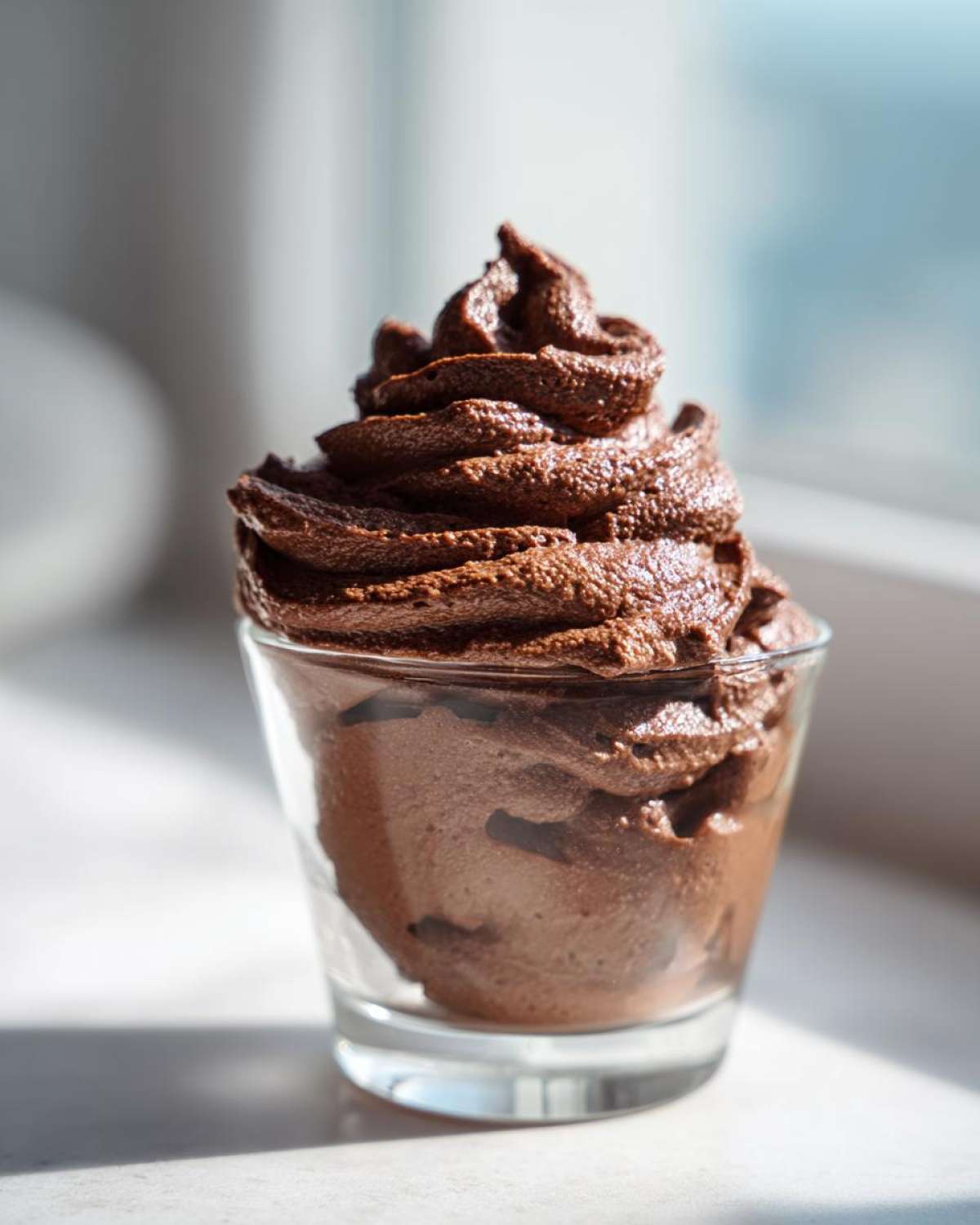 A rich, dark chocolate mousse piped high into a small glass, photographed in bright natural light.